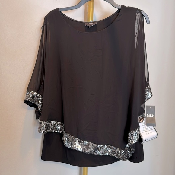 MSK Black sheer and silver trim cold shoulder blouse NWT L - Picture 1 of 9